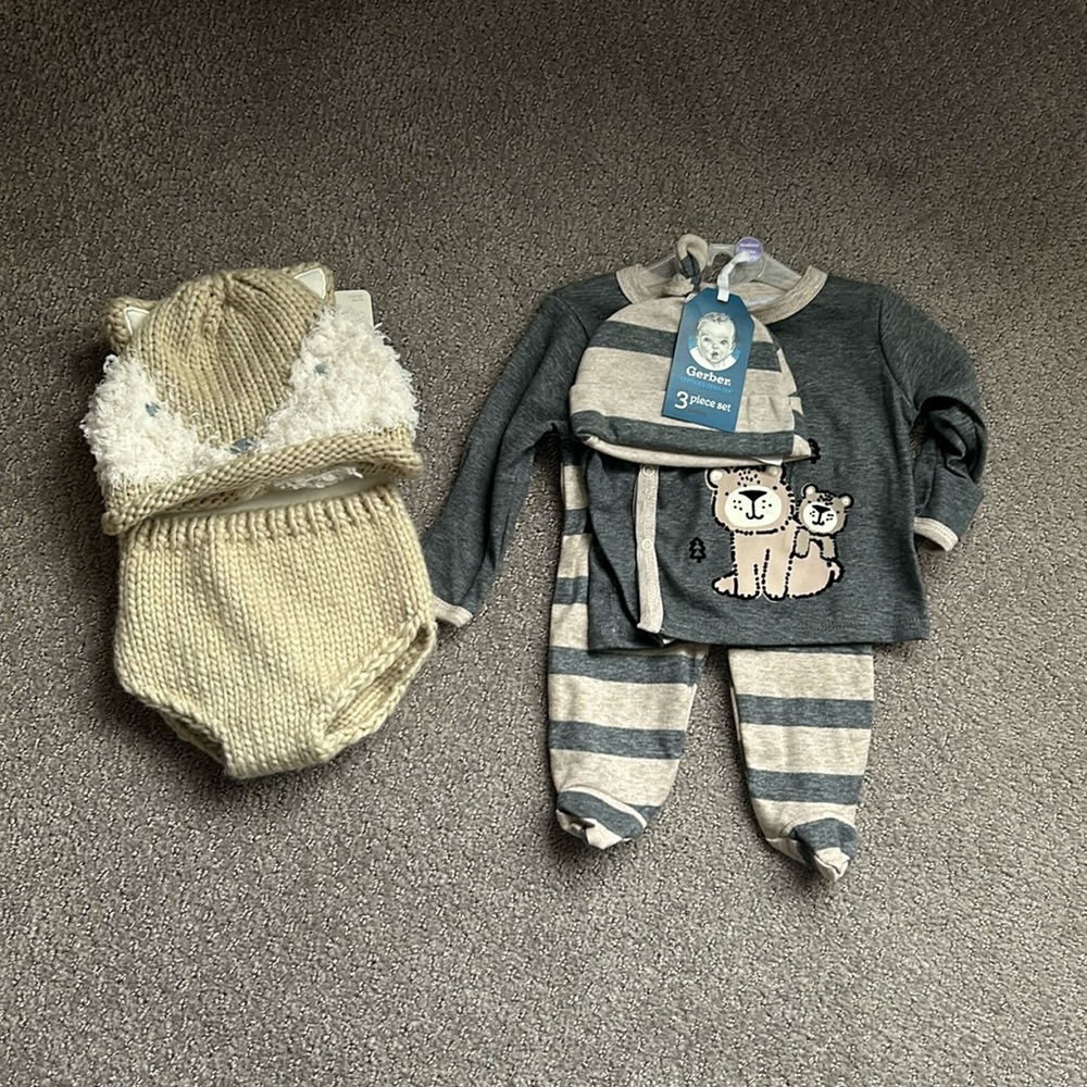 Newborn 3 piece clothes set and diaper cover with hat